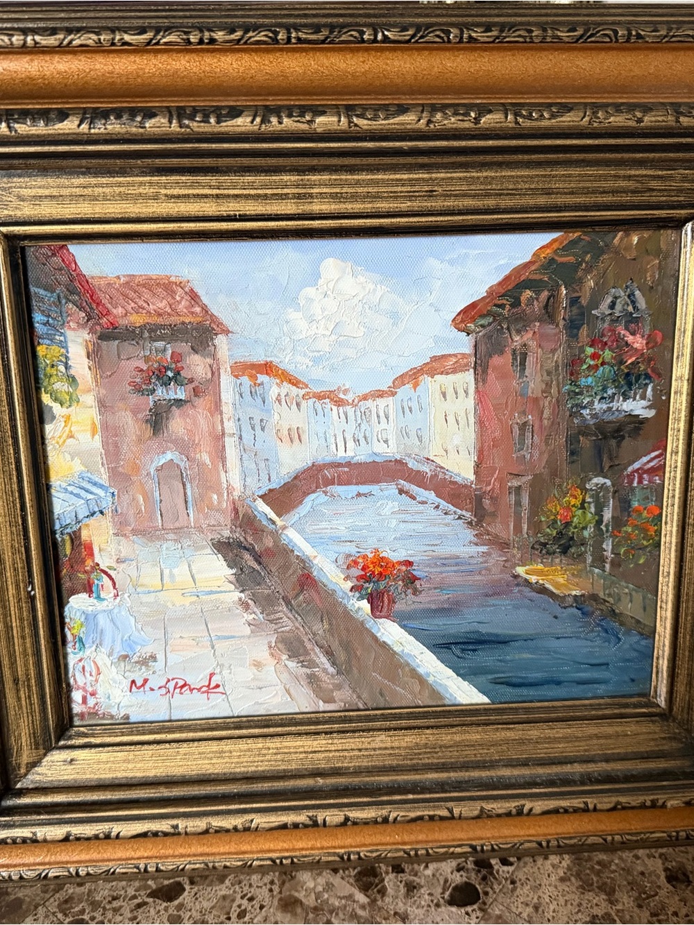 Framed Canal View Oil Painting in Warm Neutrals by